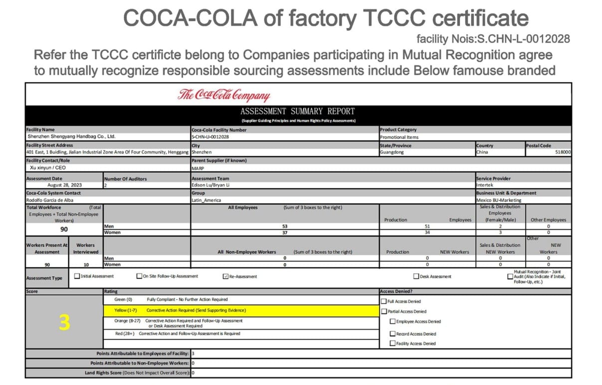 Bag Quality Control coca-cola certificated