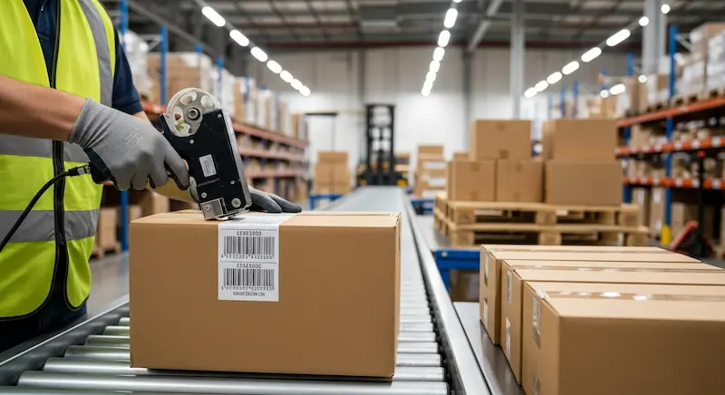 A warehouse worker ensuring FBA compliance by applying barcode labels to custom bag cartons