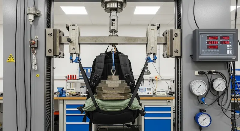 A lab setting showing a backpack undergoing a heavy load durability test to ensure quality.