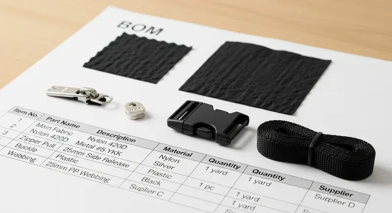 A Bill of Materials (BOM) sheet for bag manufacturing with fabric and hardware samples