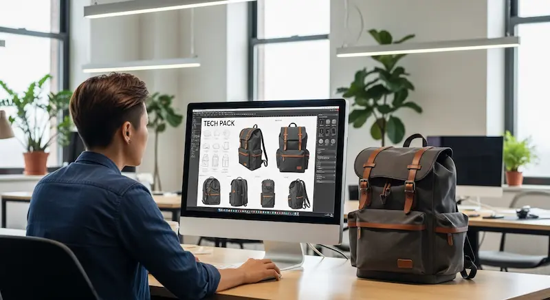 A bag designer working on a digital tech pack with a physical backpack sample for reference