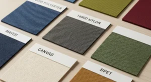 A comprehensive bag fabric guide showing swatches of Nylon, Polyester, and Canvas materials