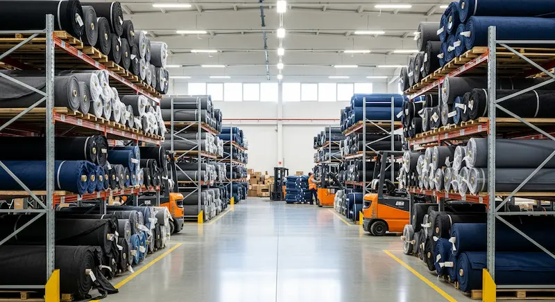 Large rolls of various fabric materials stored in the TIMMY bag factory warehouse
