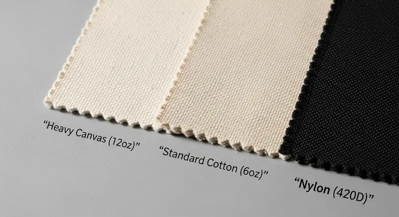 A macro close-up of fabric swatches for custom tote bags: heavy canvas, standard cotton, and nylon