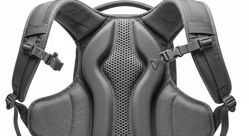 Detail shot of an ergonomic backpack back panel with breathable 3D air mesh and S-curved shoulder straps.