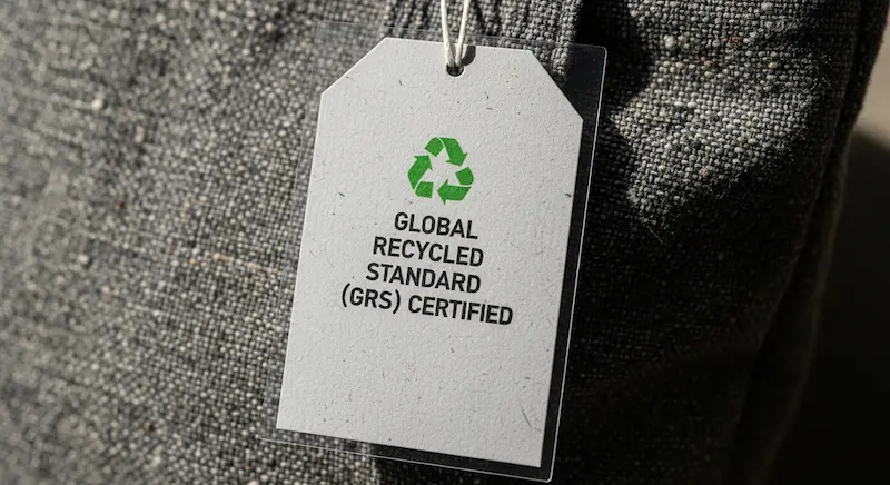 A Global Recycled Standard (GRS) hangtag attached to a sustainable custom bag