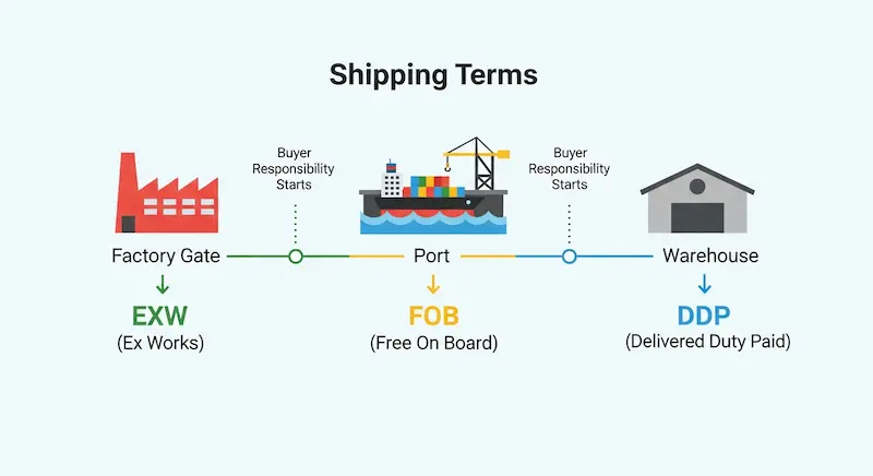 An infographic comparing EXW, FOB, and DDP incoterms for importing custom bags from China