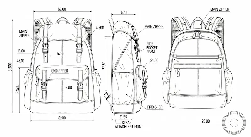A technical bag drawing showing precise measurements and zipper placement callouts