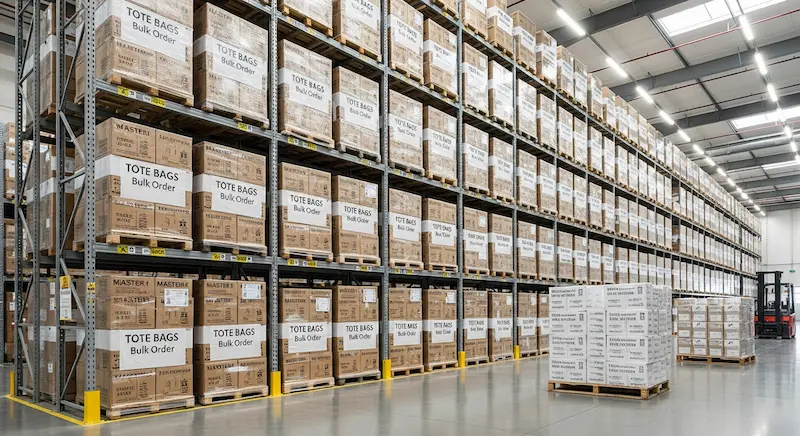 A clean, organized factory warehouse showing boxes of custom tote bags wholesale orders ready for shipping