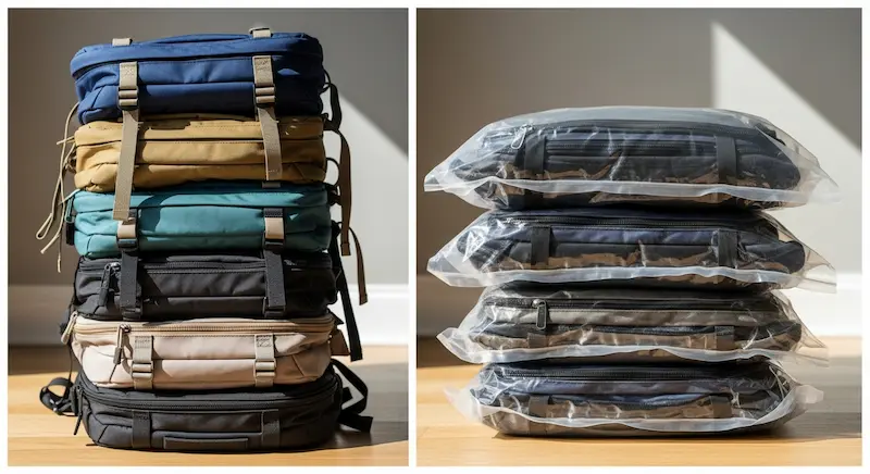 A comparison of standard packing versus vacuum compression for bags to save shipping volume