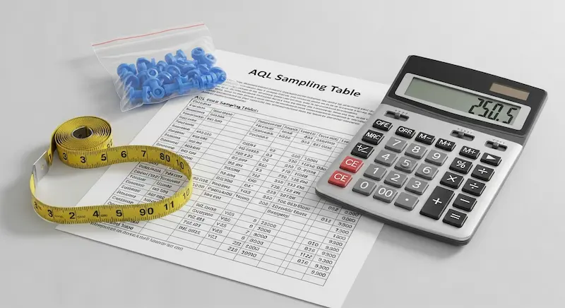 An AQL sampling table used for calculating acceptable defect limits in bag manufacturing.