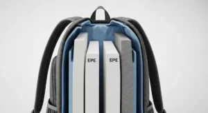 A cross-section view of a backpack showing internal EPE and EVA foam padding layers.