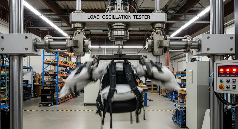A backpack undergoing a load oscillation test to ensure strap durability under weight.
