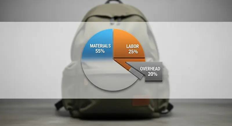 An infographic showing the manufacturing cost structure of a bag: materials, labor, and overhead.