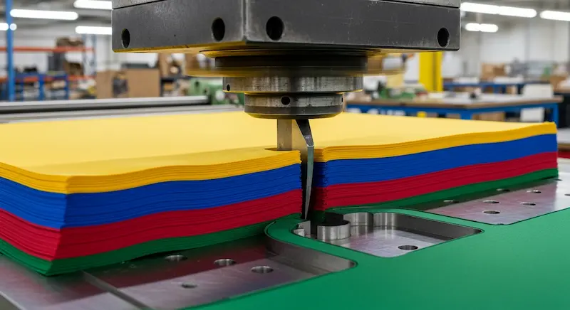 A hydraulic die cutting machine preparing fabric panels for bag manufacturing.