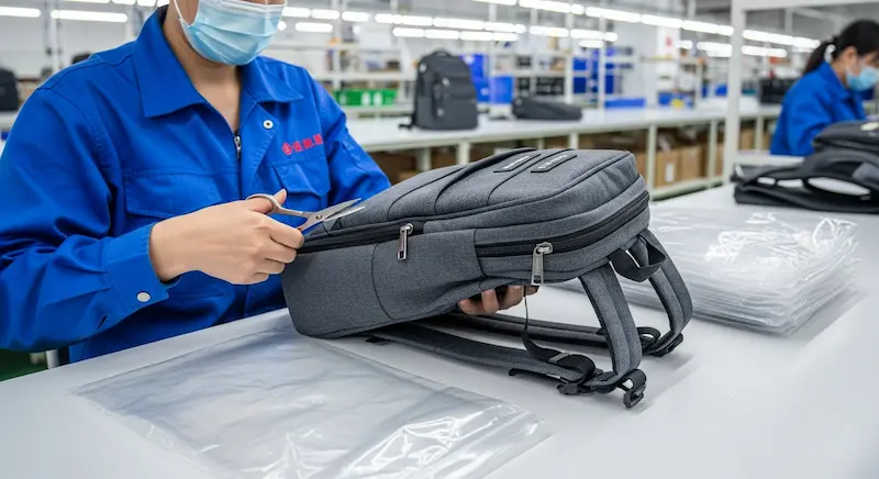 A Chinese worker performing final finishing touches and thread trimming on a custom backpack.