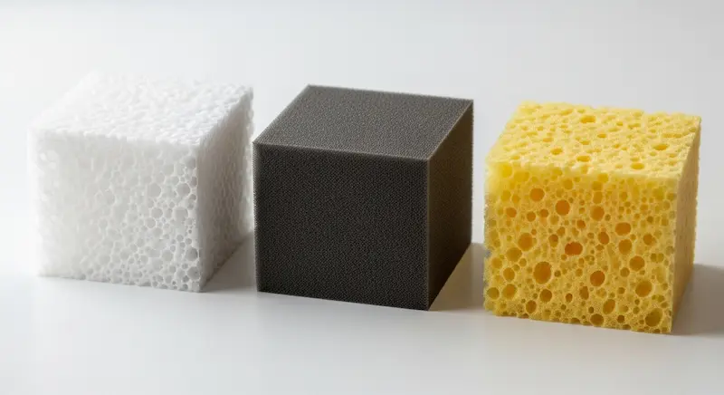 A comparison of common bag manufacturing foams: EPE Pearl Cotton, EVA, and PU Sponge.