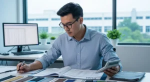 A professional merchandiser calculating the manufacturing cost breakdown for a custom bag order.