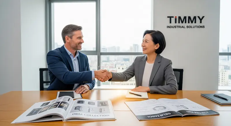 A strategic meeting between a brand owner and TIMMY factory discussing OEM and ODM options.