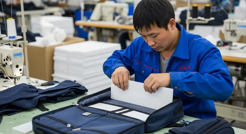 A skilled factory worker inserting a PE board stiffener to reinforce a custom bag.