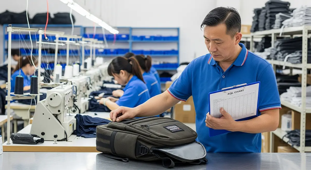 A professional quality control inspector checking a custom bag against AQL standards.