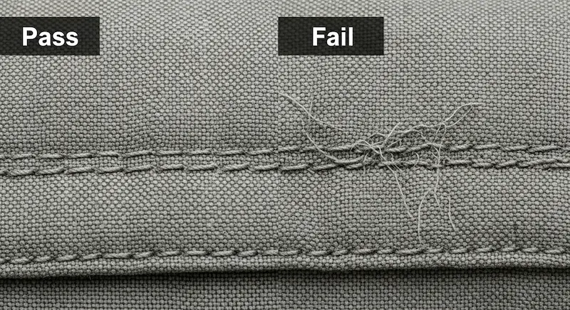 A close-up comparison of high-quality stitching versus a sewing defect like a skip stitch.