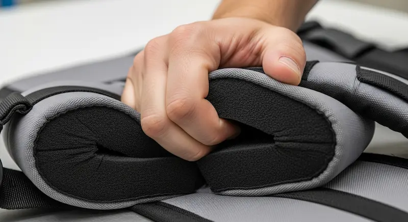 Performing the pinch test on a backpack shoulder strap to check foam quality.