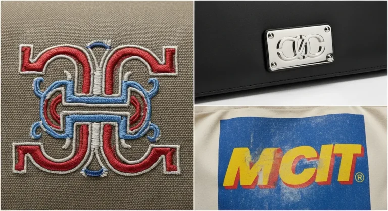 A guide to custom bag logo techniques showing embroidery, metal plates, and screen printing options.