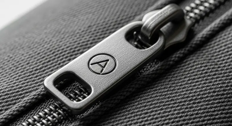A custom metal zipper puller with engraved logo on a premium backpack.