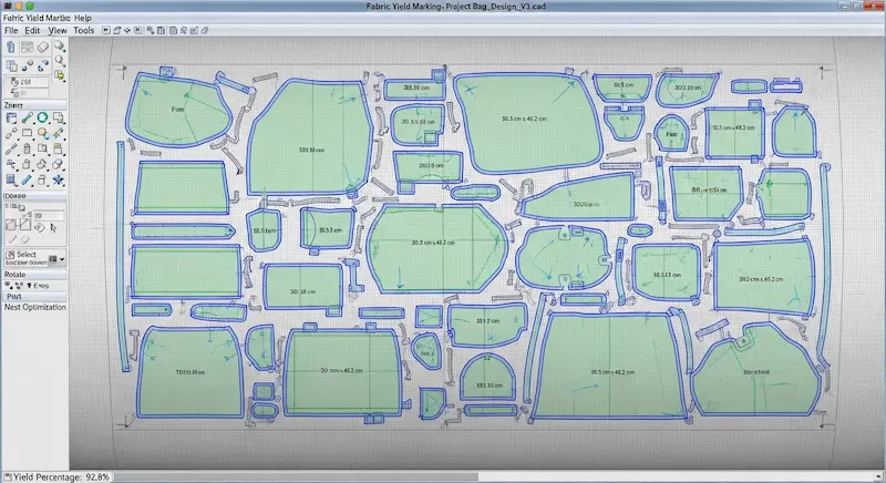 A digital fabric yield marker showing how to optimize bag panel placement to reduce material waste and cost.