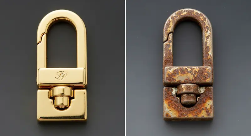 A salt spray test comparison showing durable anti-rust plating on bag hardware.
