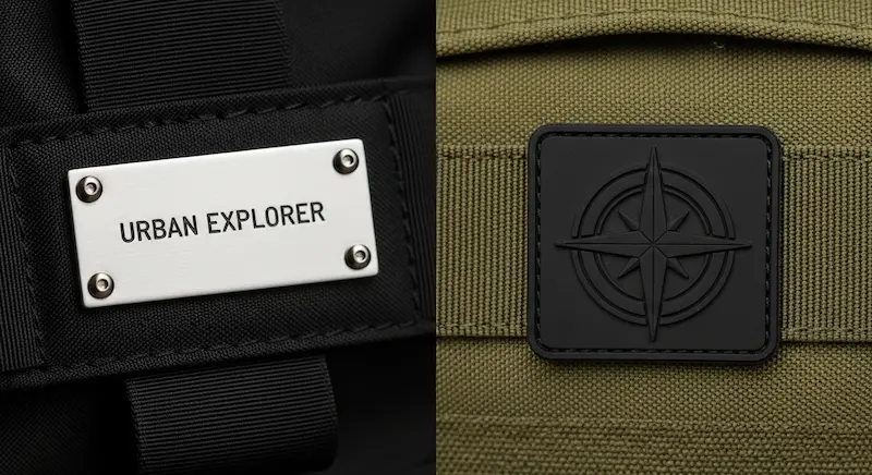 A close-up of a custom metal logo plate and a PVC rubber patch on backpacks.