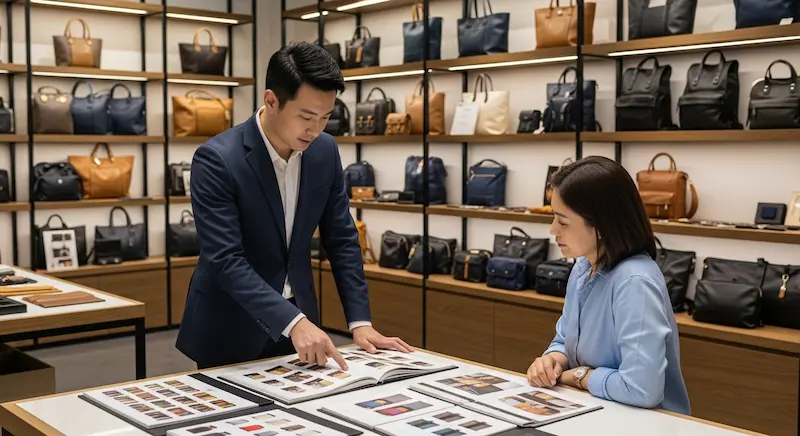 A sales manager helping a client select private label bags from an ODM catalog.