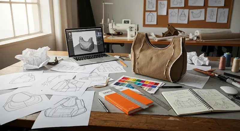 A designer's desk showing the custom development process of an OEM bag from sketch to sample.