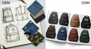 A comparison concept image showing custom design (OEM) versus private label catalog selection (ODM).