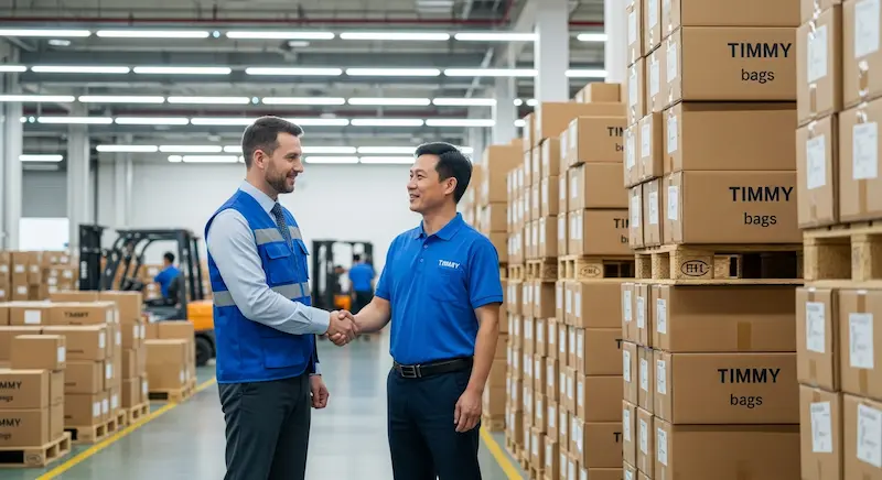 A third-party quality inspector shaking hands with a TIMMY factory manager after a successful inspection.