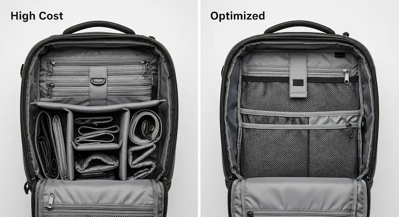 Visualizing value engineering by comparing a complex, high-cost bag interior with a simplified, cost-effective version.