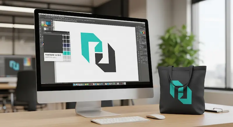 A comparison of a digital vector logo file and the finished custom bag logo with Pantone matching.