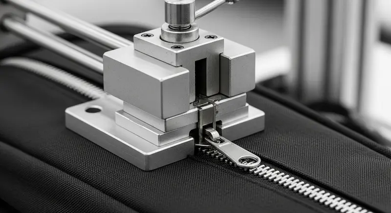 A mechanical test ensuring zipper teeth and sliders can withstand thousands of cycles.