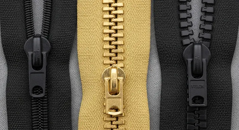 A comparison of nylon coil, metal, and vislon plastic zippers for custom bags.