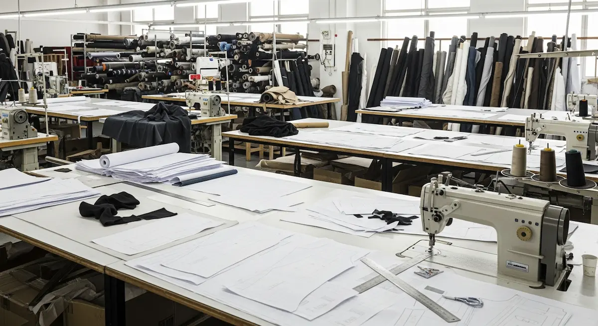 A professional OEM bag sample room with pattern makers and sewing machines in China.
