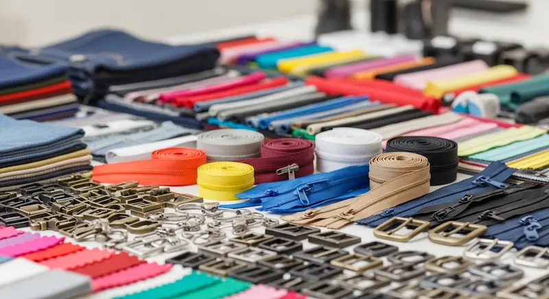 Sourcing various fabric swatches and hardware for a custom bag prototype.