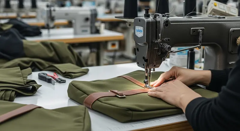 A skilled sample maker sewing a complex bag prototype in the factory sample room.