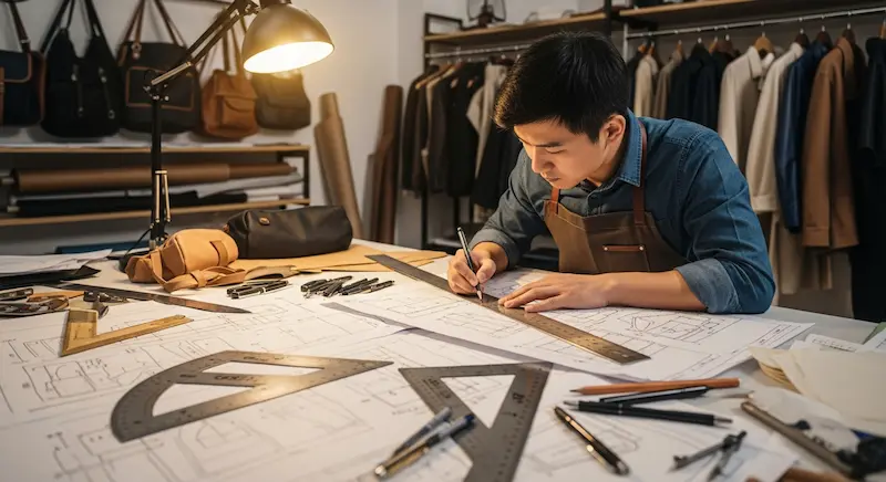 A skilled Chinese pattern maker drafting a paper pattern for a custom backpack prototype.