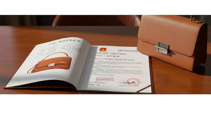 A registered Chinese design patent certificate displayed next to a custom handbag prototype.