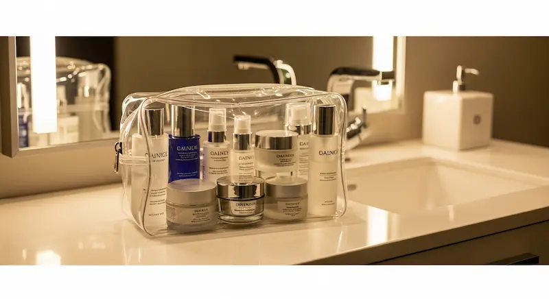 A clear TPU cosmetic bag for travel, showcasing superior clarity and flexibility compared to PVC.