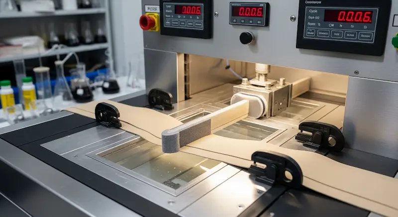 Testing PU leather for hydrolysis resistance in a bag manufacturing laboratory