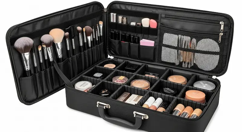 The interior of a custom cosmetic bag featuring smart organization with dividers and brush holders.