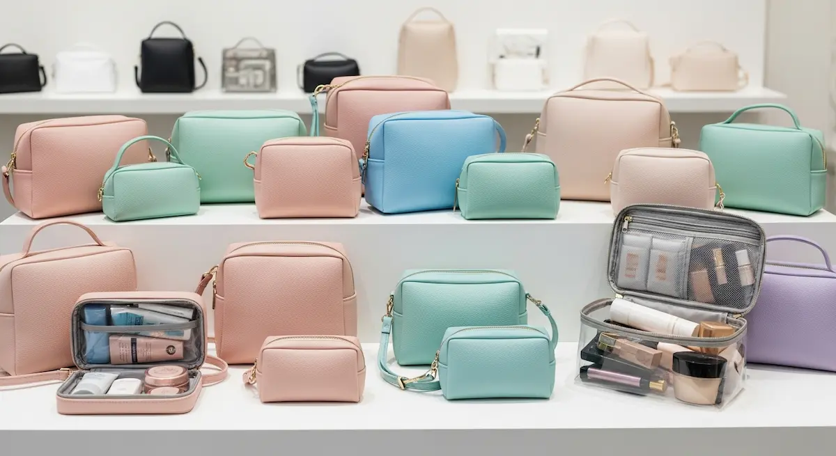 A collection of premium cosmetic bags featuring hydrolysis-resistant PU and waterproof EVA linings