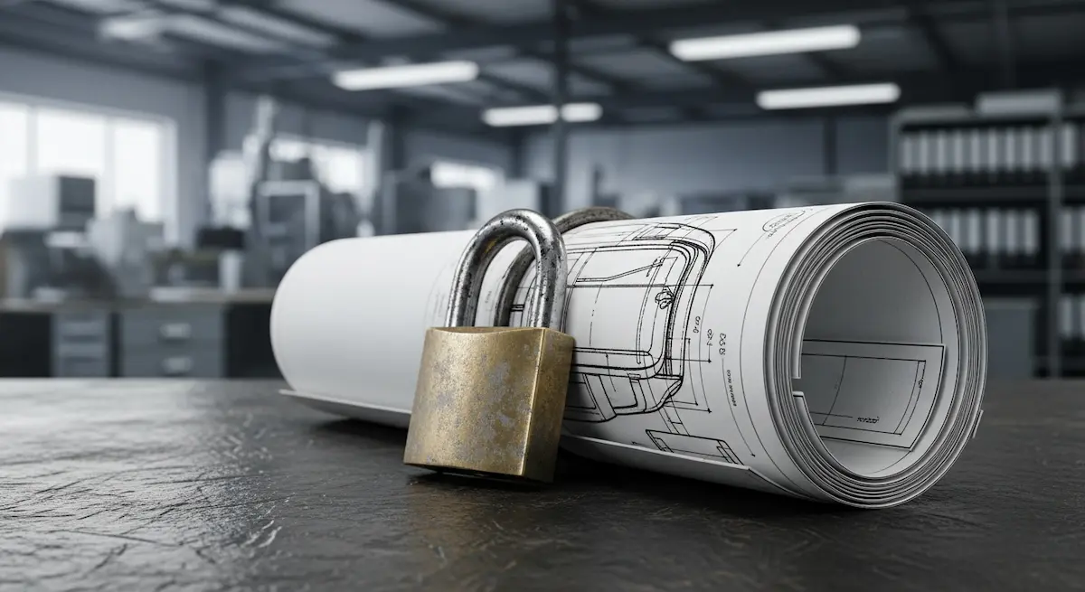 Blueprint of a custom bag design protected by a security lock, symbolizing IP protection in manufacturing.